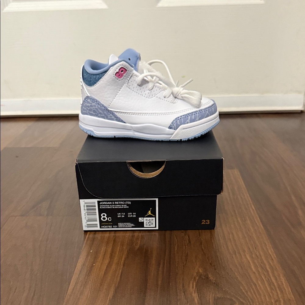 Kids Jordan 3 Retro White and Blue Sneakers